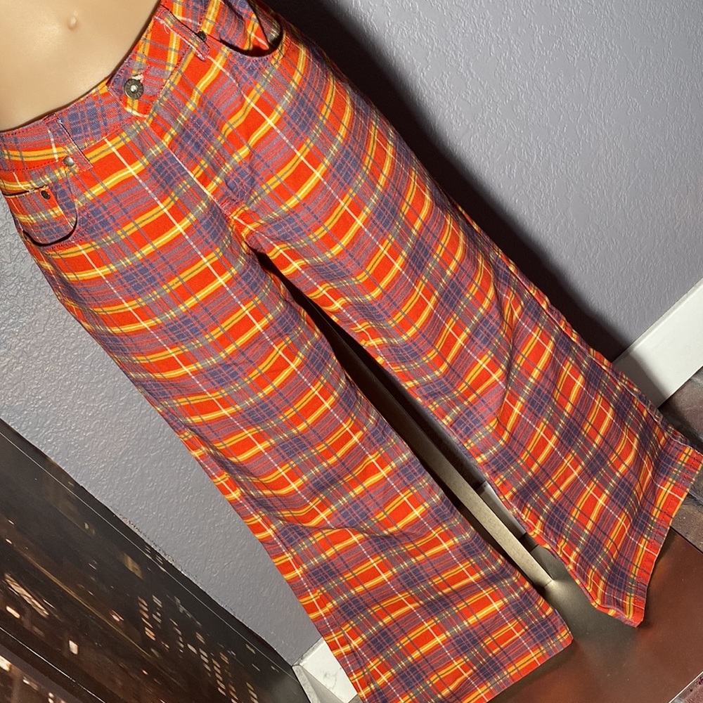DOLLS KILL / RAGGED - jeans: low rise baggy red & blue plaid flare wide leg - 32